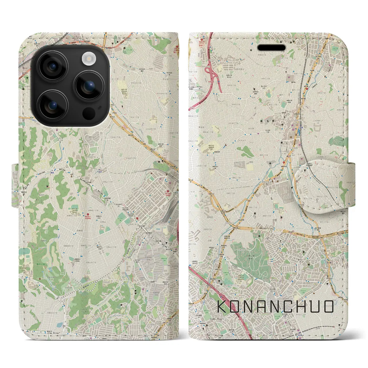 【港南中央(神奈川県)】地図柄iPhoneケース(手帳タイプ)ナチュラル・iPhone 16 用