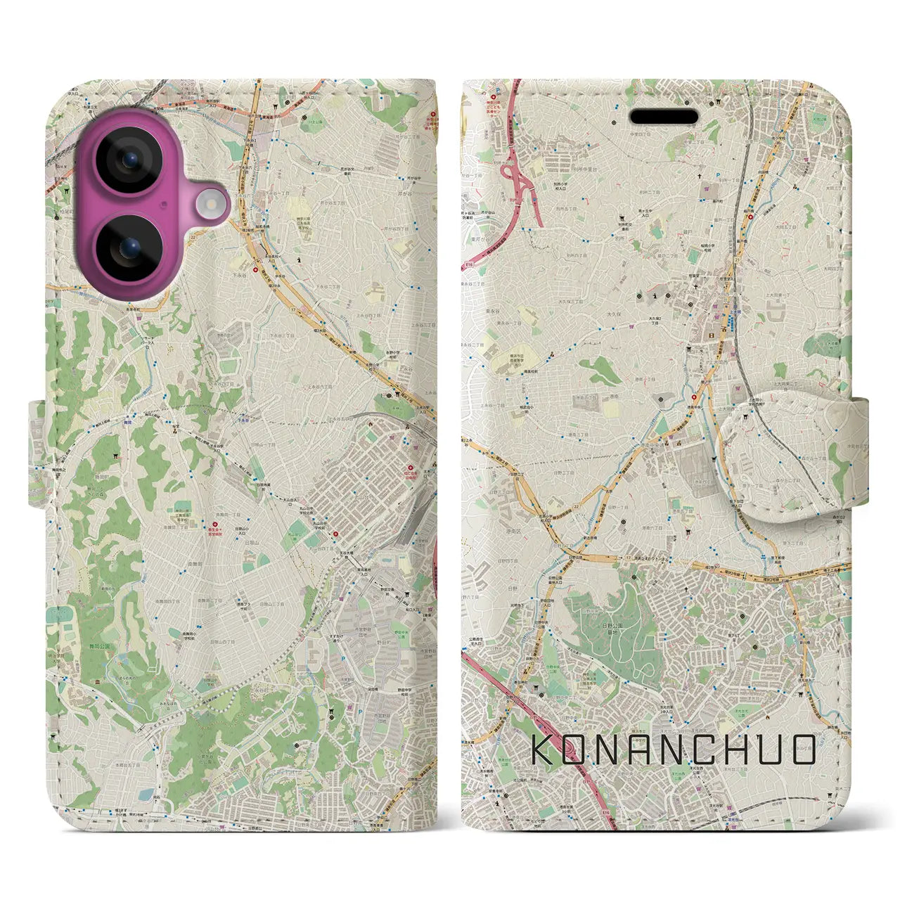 【港南中央(神奈川県)】地図柄iPhoneケース(手帳タイプ)ナチュラル・iPhone 16 Pro 用