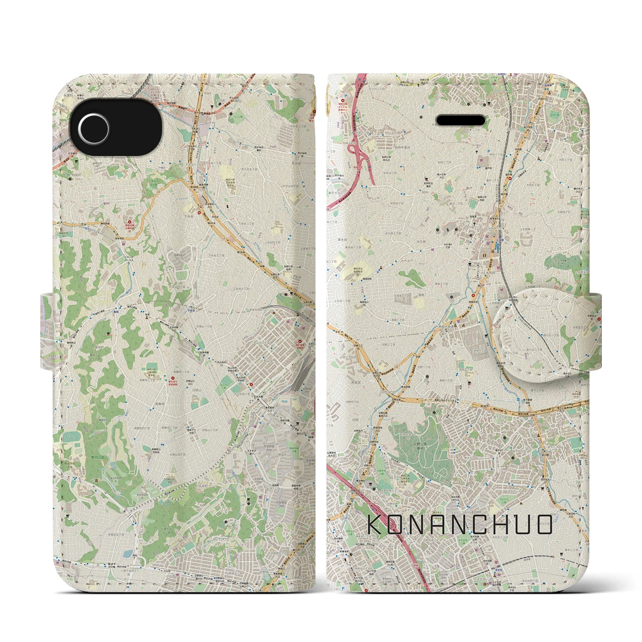 【港南中央(神奈川県)】地図柄iPhoneケース(手帳タイプ)ナチュラル・iPhone SE(第3 / 第2世代) / 8 / 7 / 6s / 6 用