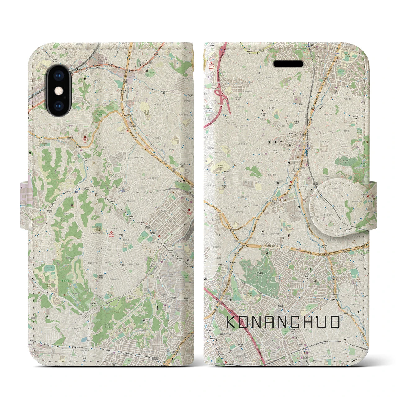 【港南中央(神奈川県)】地図柄iPhoneケース(手帳タイプ)ナチュラル・iPhone XS / X 用