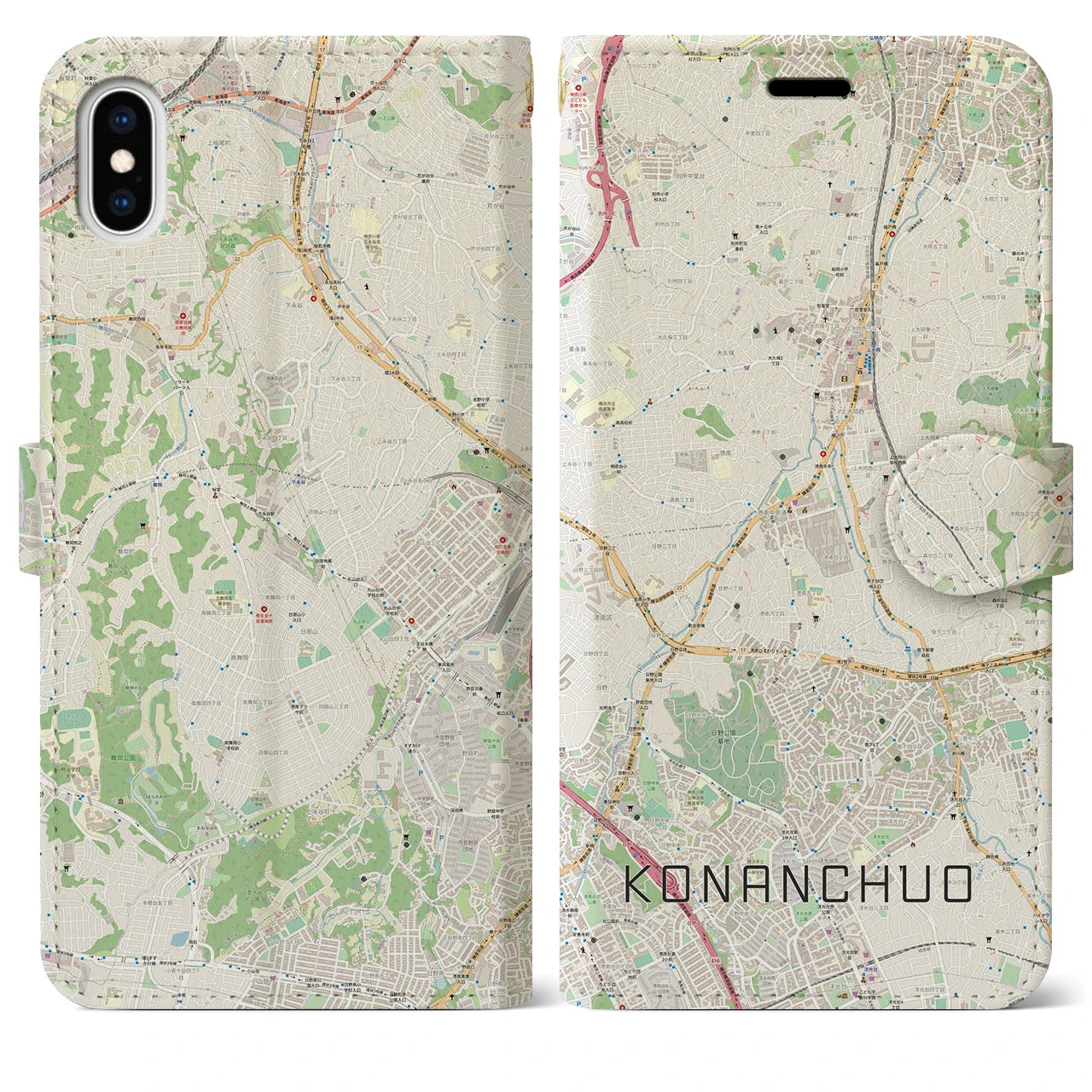 【港南中央(神奈川県)】地図柄iPhoneケース(手帳タイプ)ナチュラル・iPhone XS Max 用