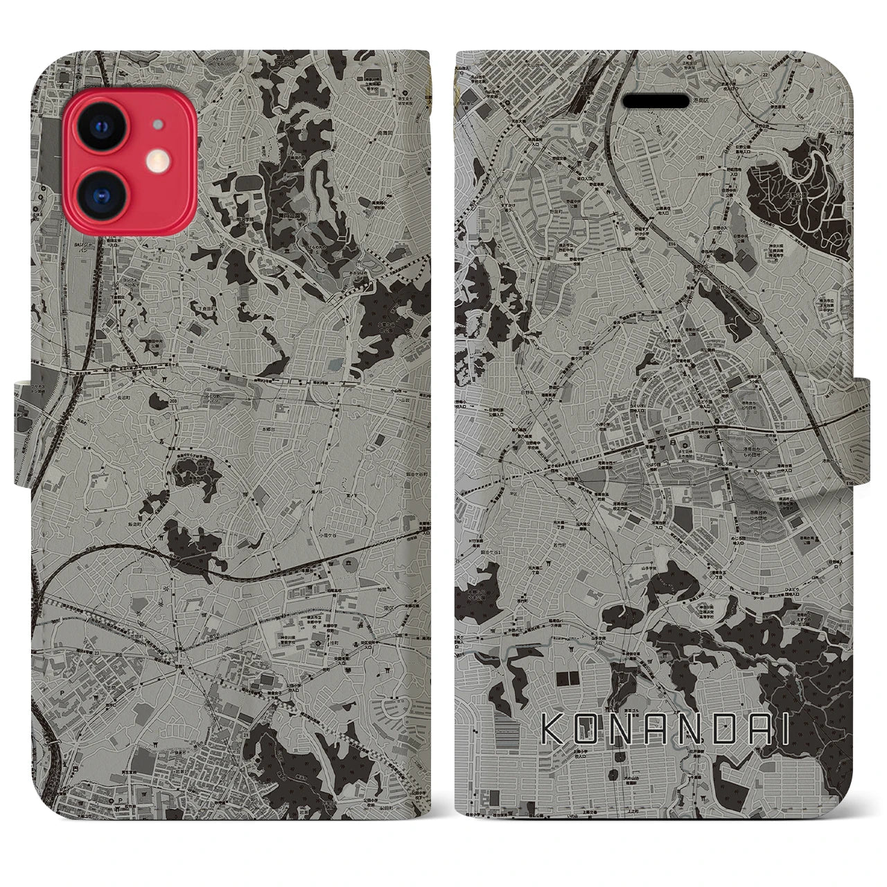 【港南台(神奈川県)】地図柄iPhoneケース(手帳タイプ)モノトーン・iPhone 11 用