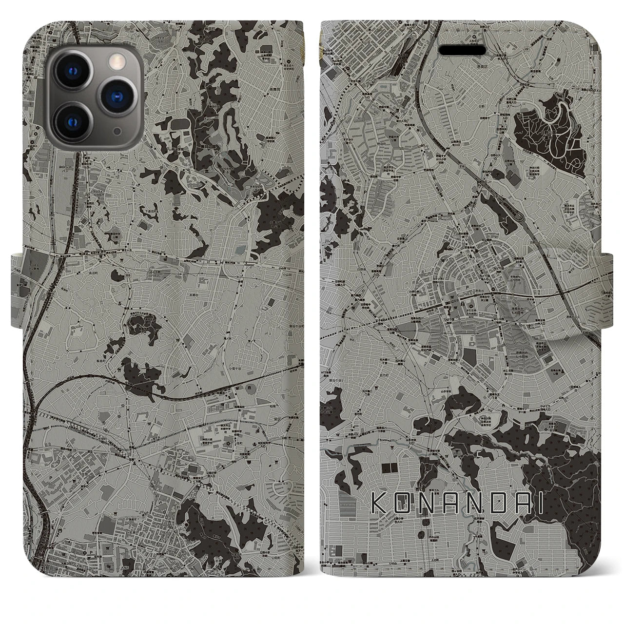 【港南台(神奈川県)】地図柄iPhoneケース(手帳タイプ)モノトーン・iPhone 11 Pro Max 用