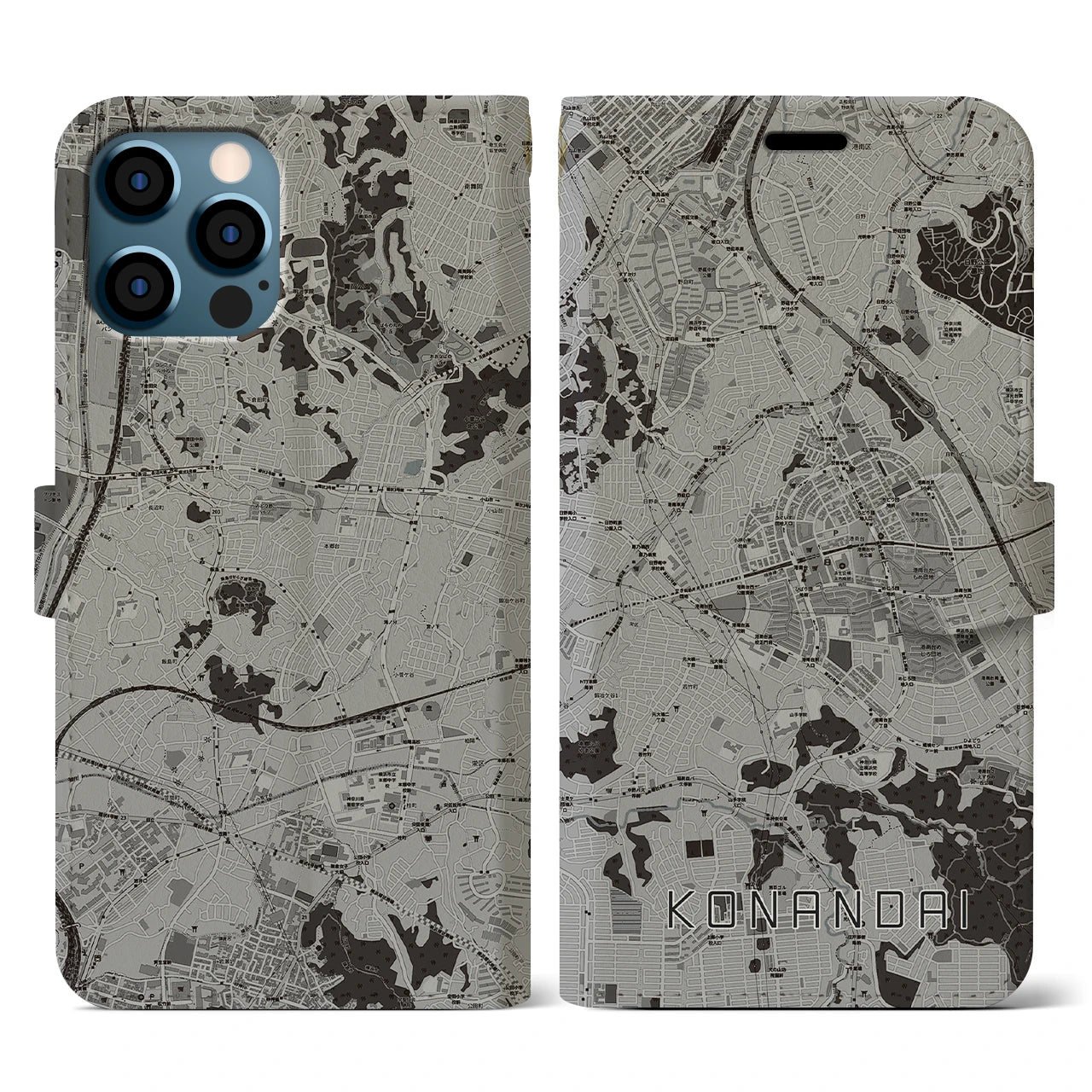 【港南台(神奈川県)】地図柄iPhoneケース(手帳タイプ)モノトーン・iPhone 12 / 12 Pro 用