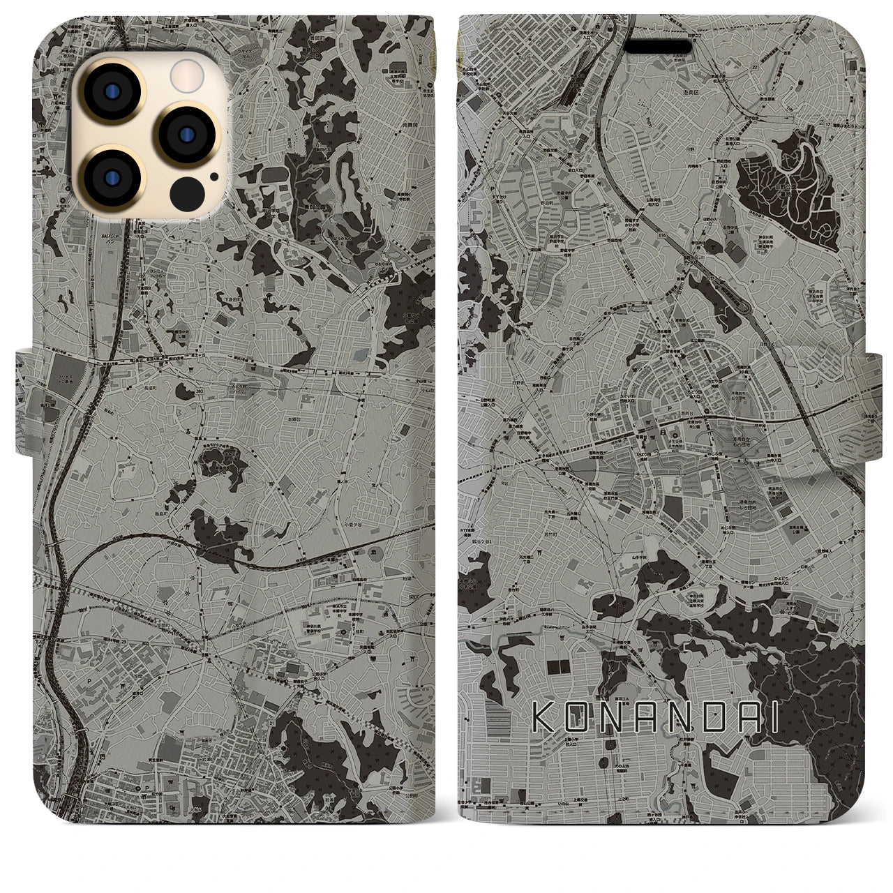 【港南台(神奈川県)】地図柄iPhoneケース(手帳タイプ)モノトーン・iPhone 12 Pro Max 用