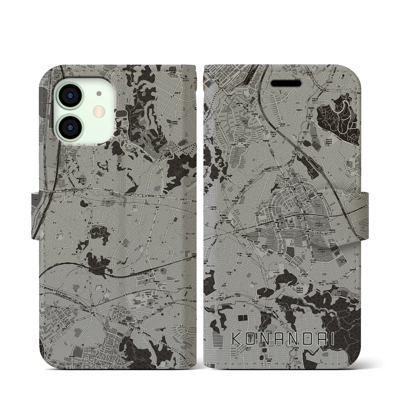 【港南台(神奈川県)】地図柄iPhoneケース(手帳タイプ)モノトーン・iPhone 12 mini 用