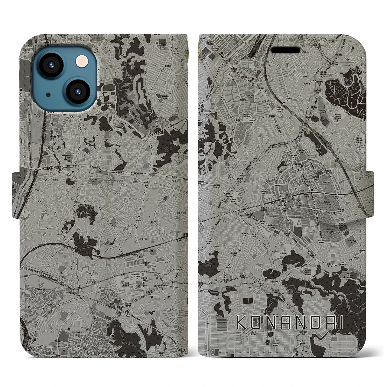 【港南台(神奈川県)】地図柄iPhoneケース(手帳タイプ)モノトーン・iPhone 13 用