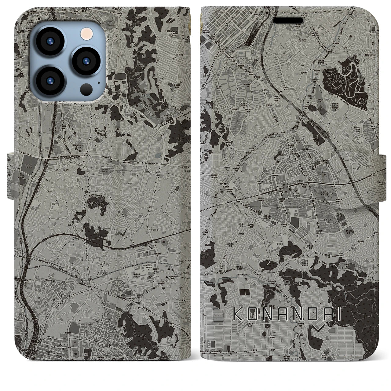 【港南台(神奈川県)】地図柄iPhoneケース(手帳タイプ)モノトーン・iPhone 13 Pro Max 用