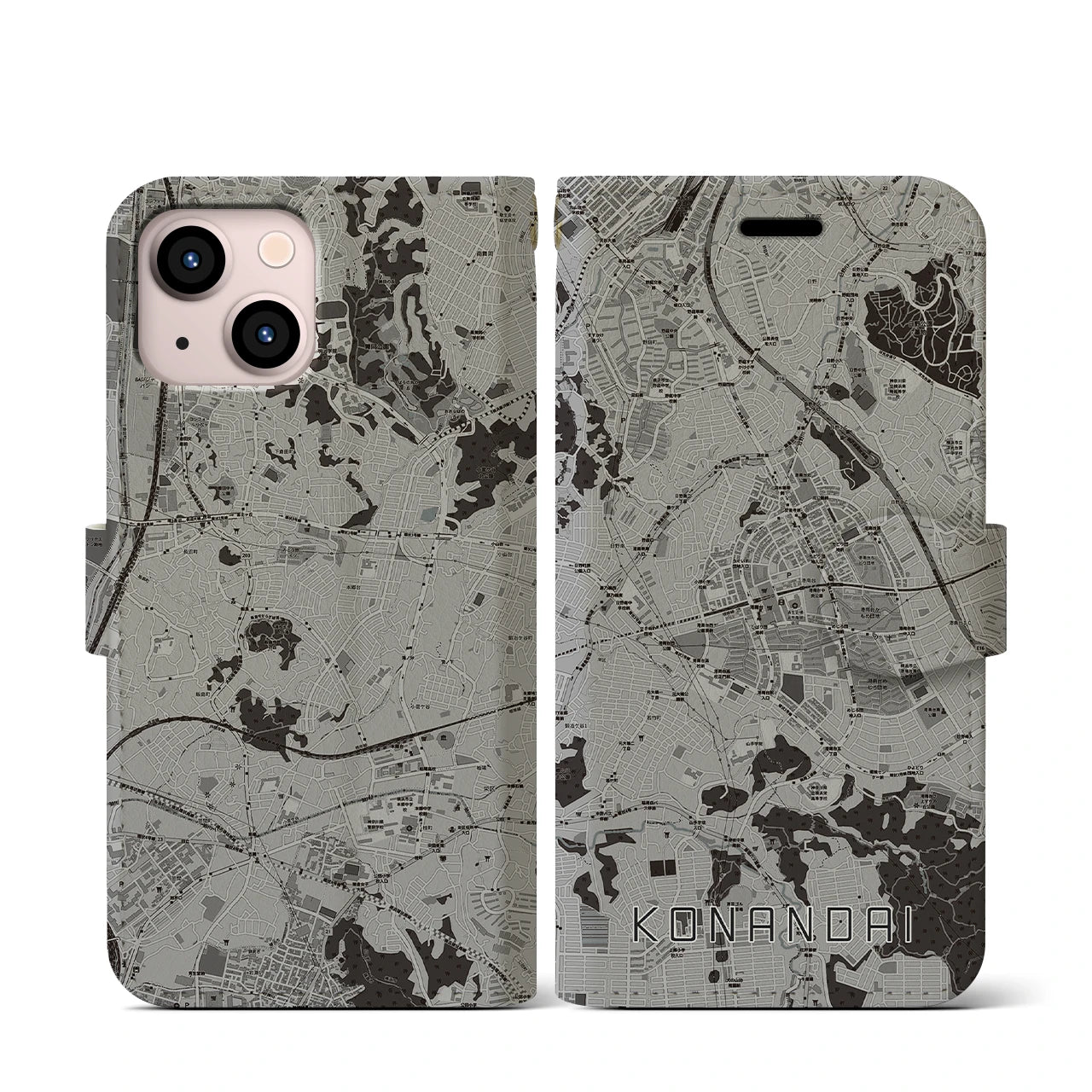 【港南台(神奈川県)】地図柄iPhoneケース(手帳タイプ)モノトーン・iPhone 13 mini 用