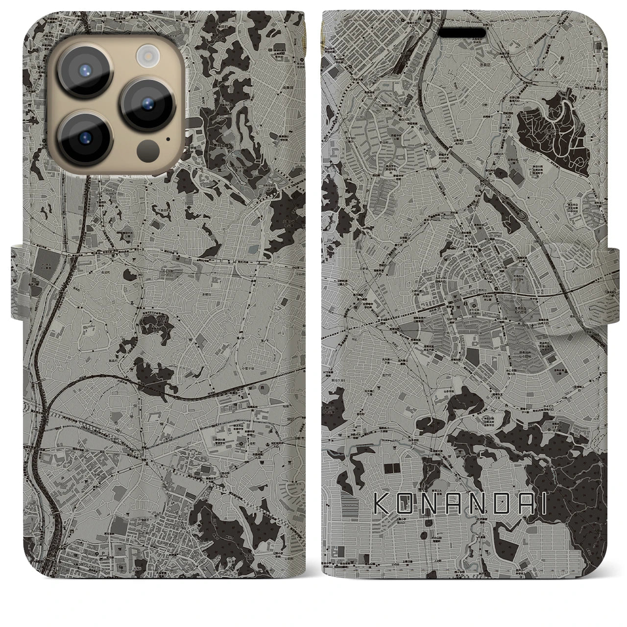 【港南台(神奈川県)】地図柄iPhoneケース(手帳タイプ)モノトーン・iPhone 14 Pro Max 用