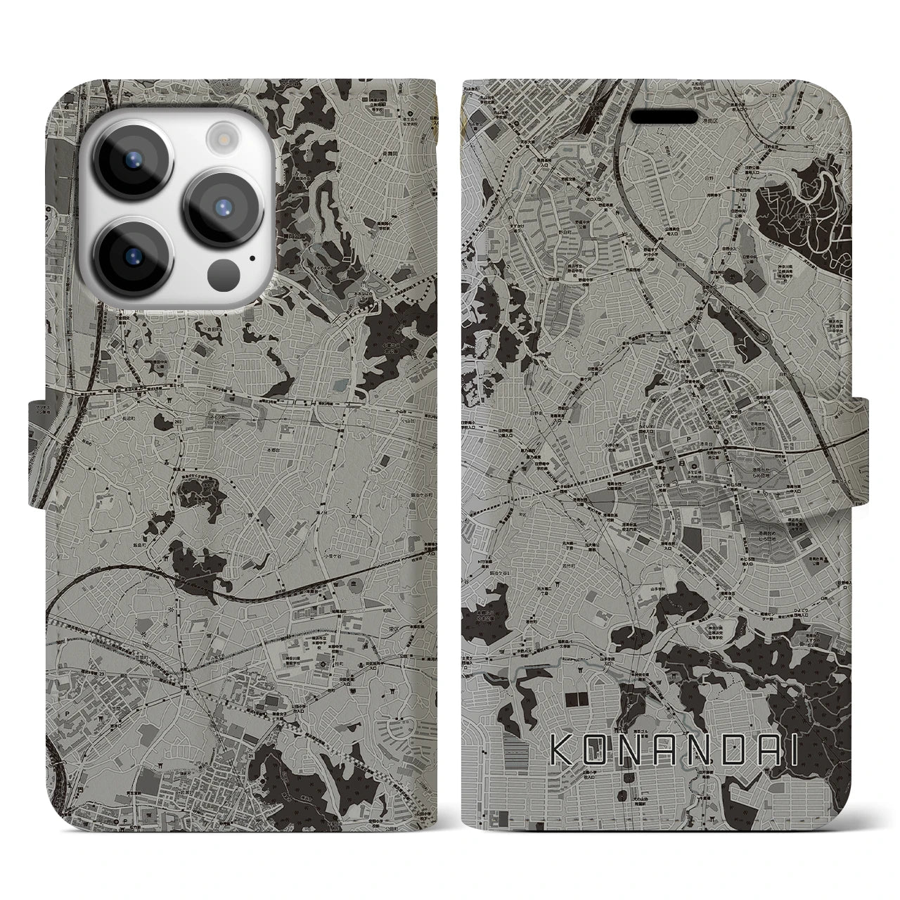 【港南台(神奈川県)】地図柄iPhoneケース(手帳タイプ)モノトーン・iPhone 14 Pro 用