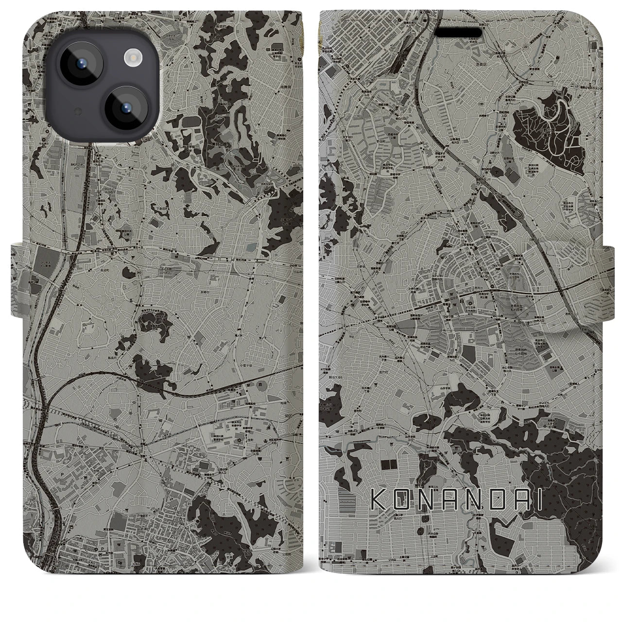 【港南台(神奈川県)】地図柄iPhoneケース(手帳タイプ)モノトーン・iPhone 14 Plus 用