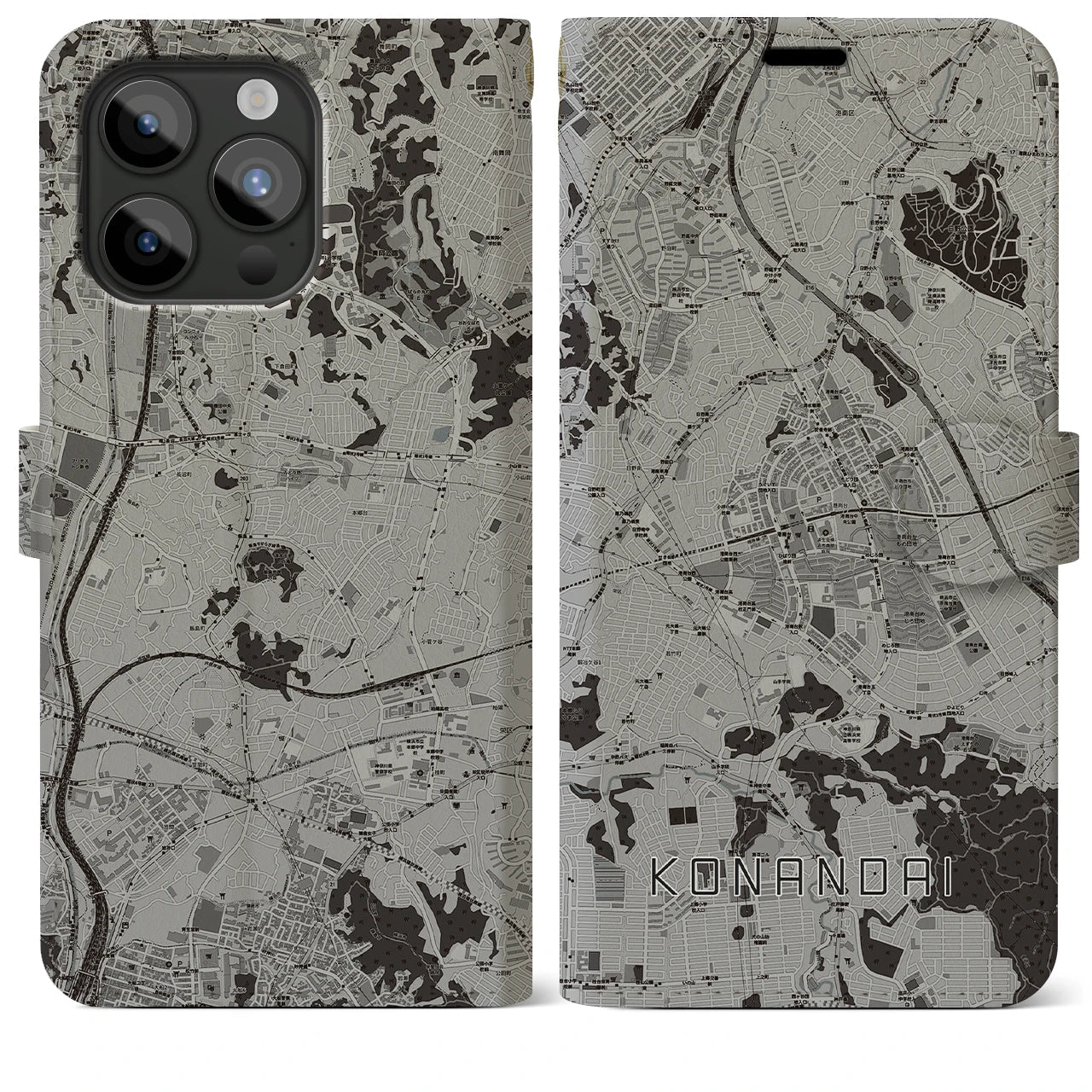【港南台(神奈川県)】地図柄iPhoneケース(手帳タイプ)モノトーン・iPhone 15 Pro Max 用