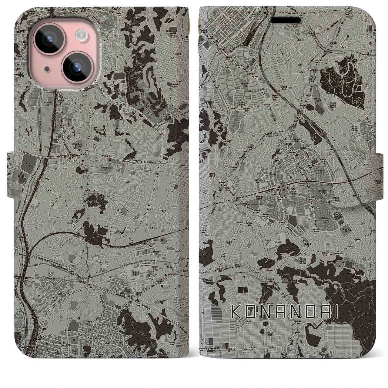 【港南台(神奈川県)】地図柄iPhoneケース(手帳タイプ)モノトーン・iPhone 15 Plus 用