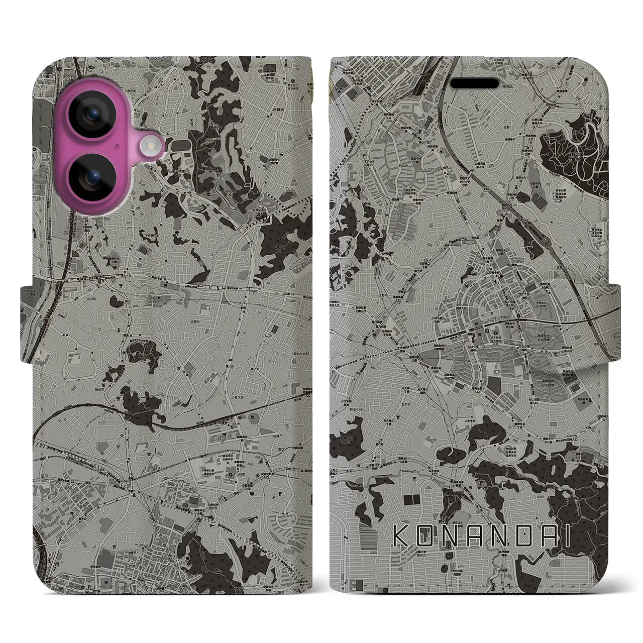 【港南台(神奈川県)】地図柄iPhoneケース(手帳タイプ)モノトーン・iPhone 16 Pro 用