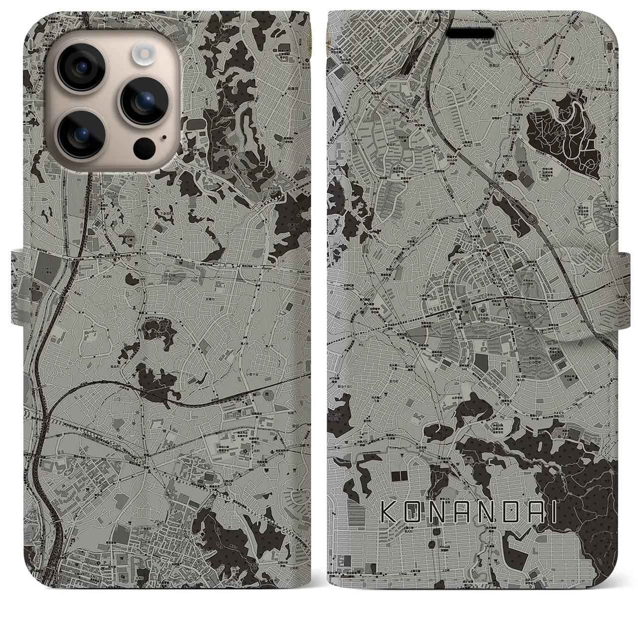 【港南台(神奈川県)】地図柄iPhoneケース(手帳タイプ)モノトーン・iPhone 16 Plus 用