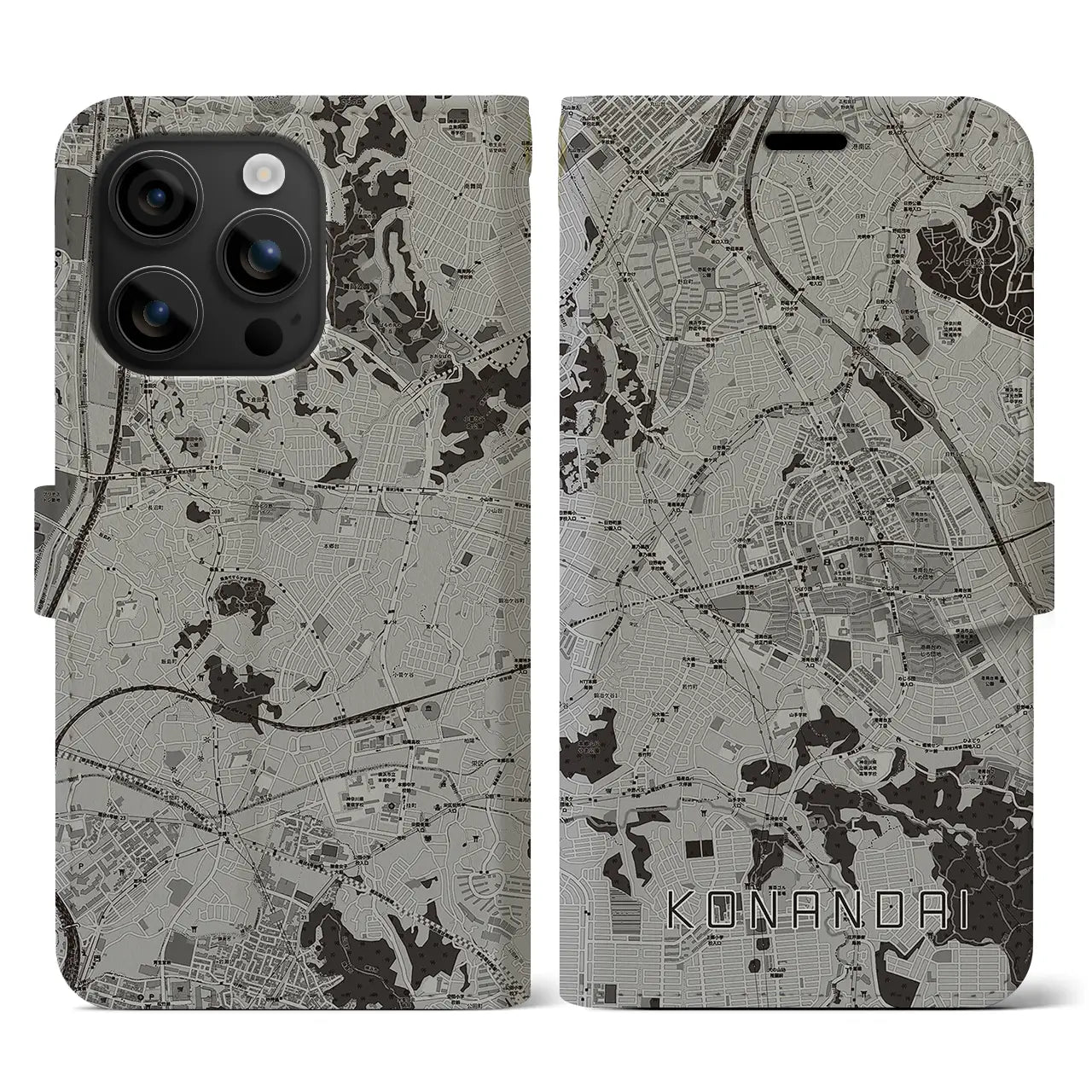 【港南台(神奈川県)】地図柄iPhoneケース(手帳タイプ)モノトーン・iPhone 16 用