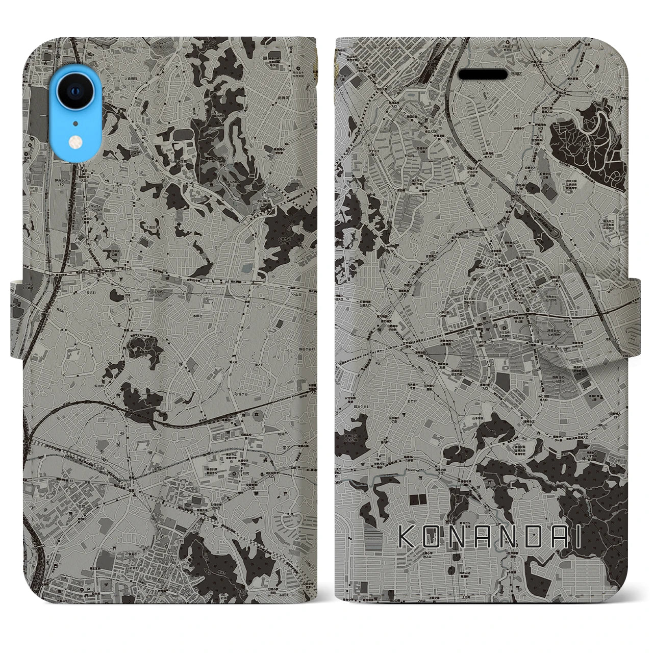 【港南台(神奈川県)】地図柄iPhoneケース(手帳タイプ)モノトーン・iPhone XR 用