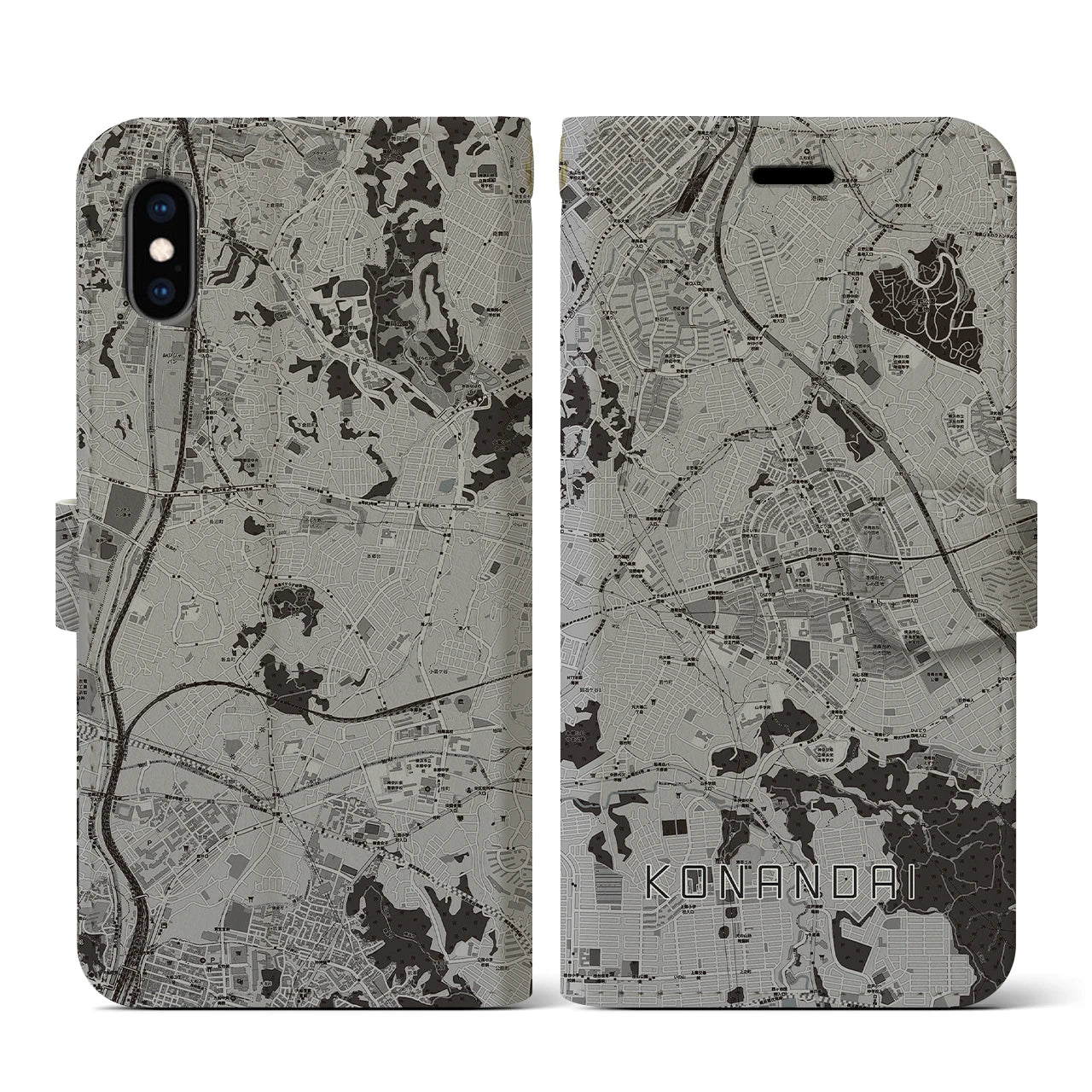 【港南台(神奈川県)】地図柄iPhoneケース(手帳タイプ)モノトーン・iPhone XS / X 用