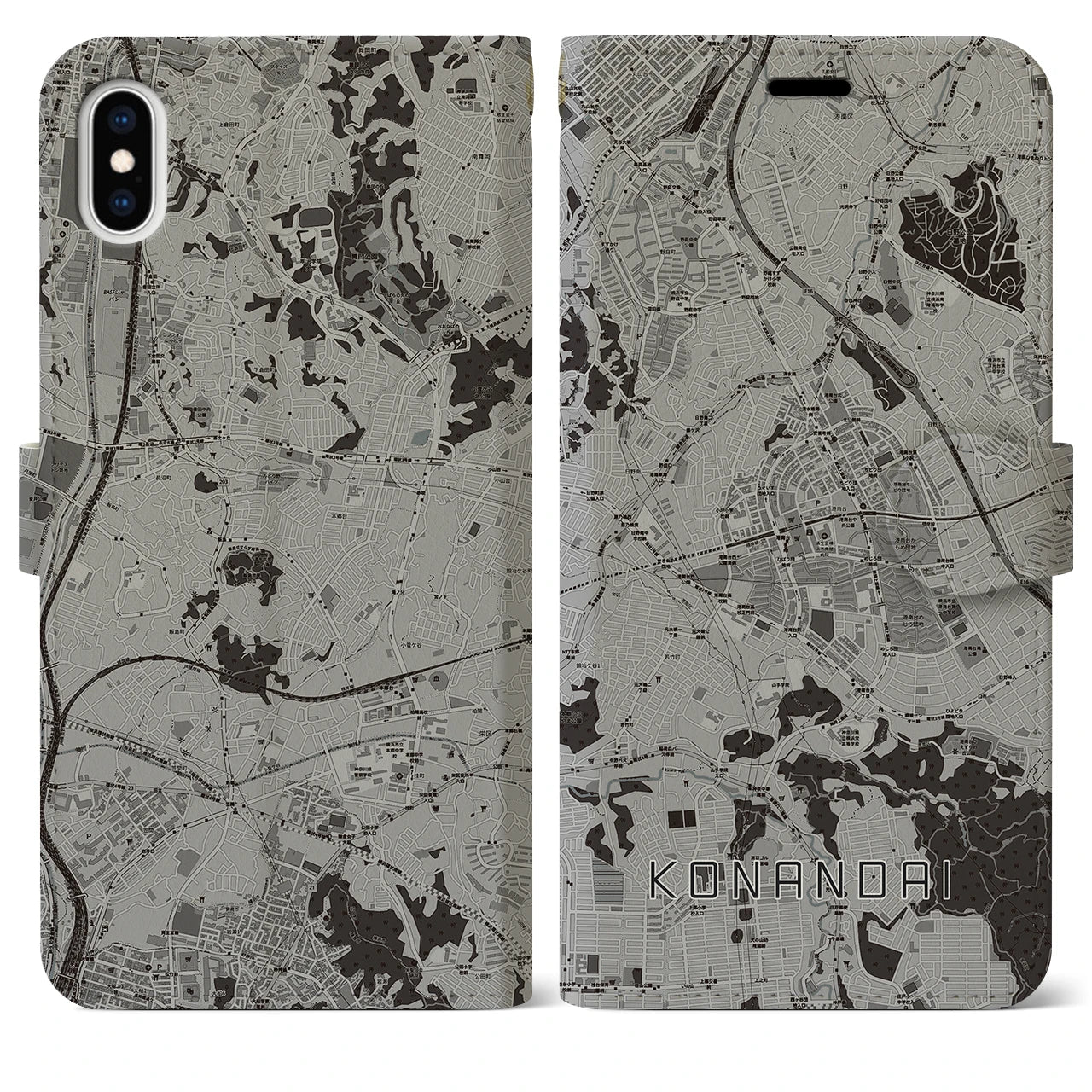 【港南台(神奈川県)】地図柄iPhoneケース(手帳タイプ)モノトーン・iPhone XS Max 用