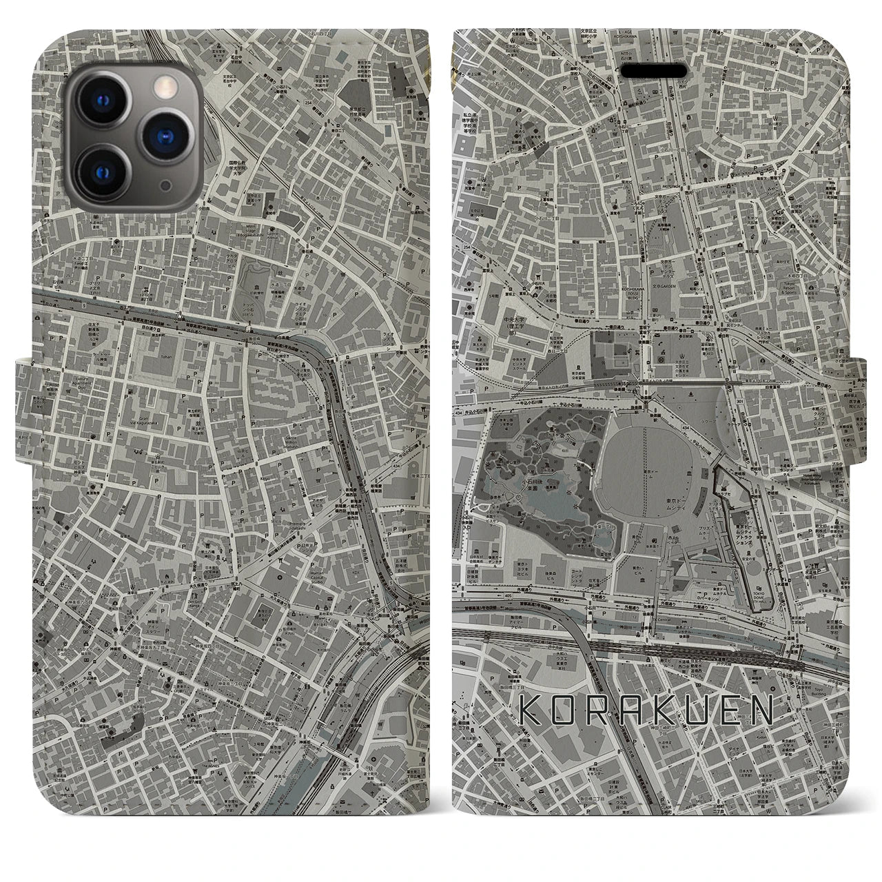【後楽園(東京都)】地図柄iPhoneケース(手帳タイプ)モノトーン・iPhone 11 Pro Max 用