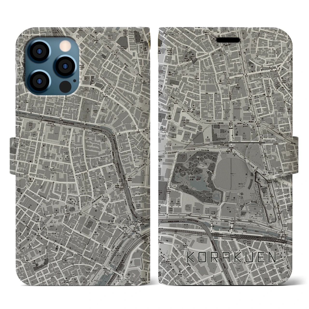 【後楽園(東京都)】地図柄iPhoneケース(手帳タイプ)モノトーン・iPhone 12 / 12 Pro 用