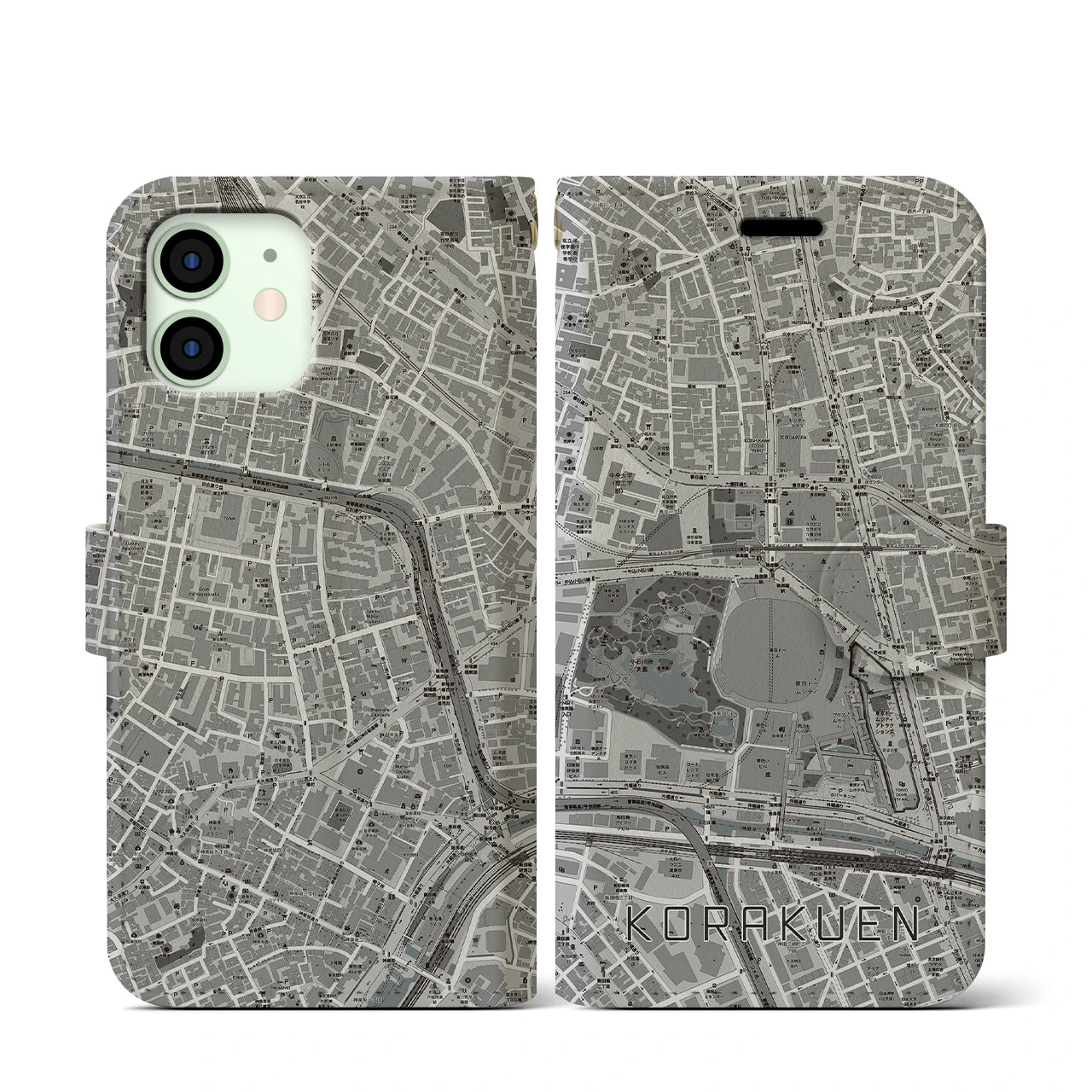 【後楽園(東京都)】地図柄iPhoneケース(手帳タイプ)モノトーン・iPhone 12 mini 用