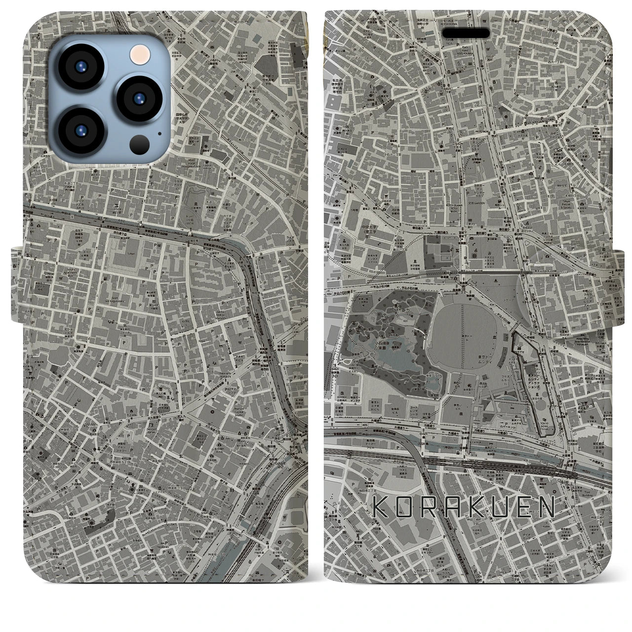 【後楽園(東京都)】地図柄iPhoneケース(手帳タイプ)モノトーン・iPhone 13 Pro Max 用