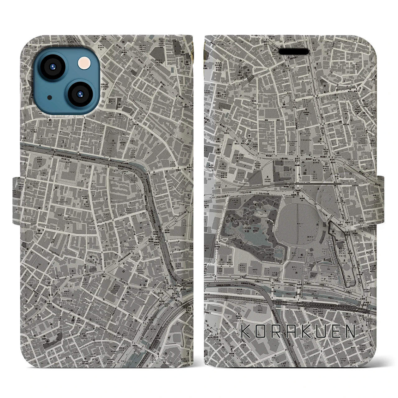 【後楽園(東京都)】地図柄iPhoneケース(手帳タイプ)モノトーン・iPhone 13 用