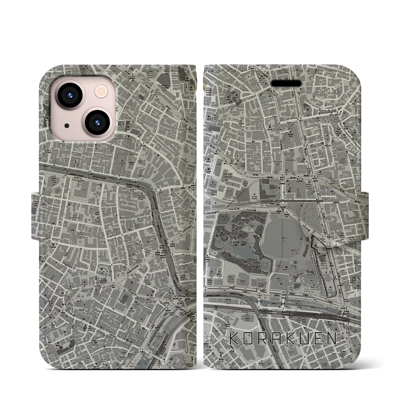 【後楽園(東京都)】地図柄iPhoneケース(手帳タイプ)モノトーン・iPhone 13 mini 用