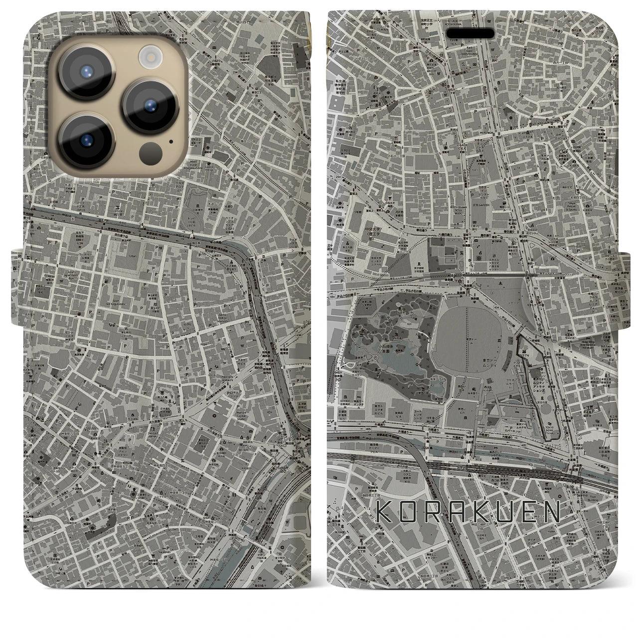 【後楽園(東京都)】地図柄iPhoneケース(手帳タイプ)モノトーン・iPhone 14 Pro Max 用