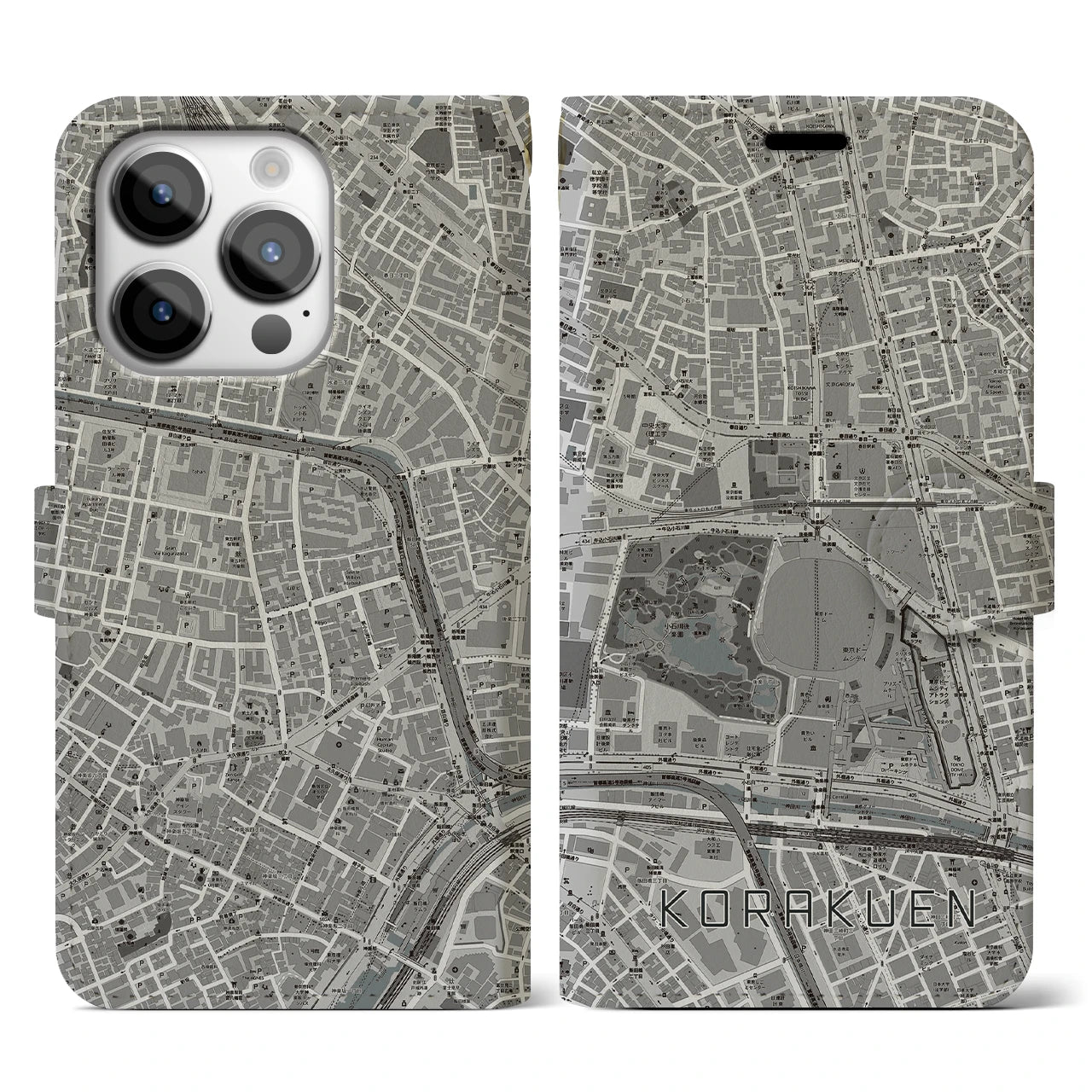 【後楽園(東京都)】地図柄iPhoneケース(手帳タイプ)モノトーン・iPhone 14 Pro 用