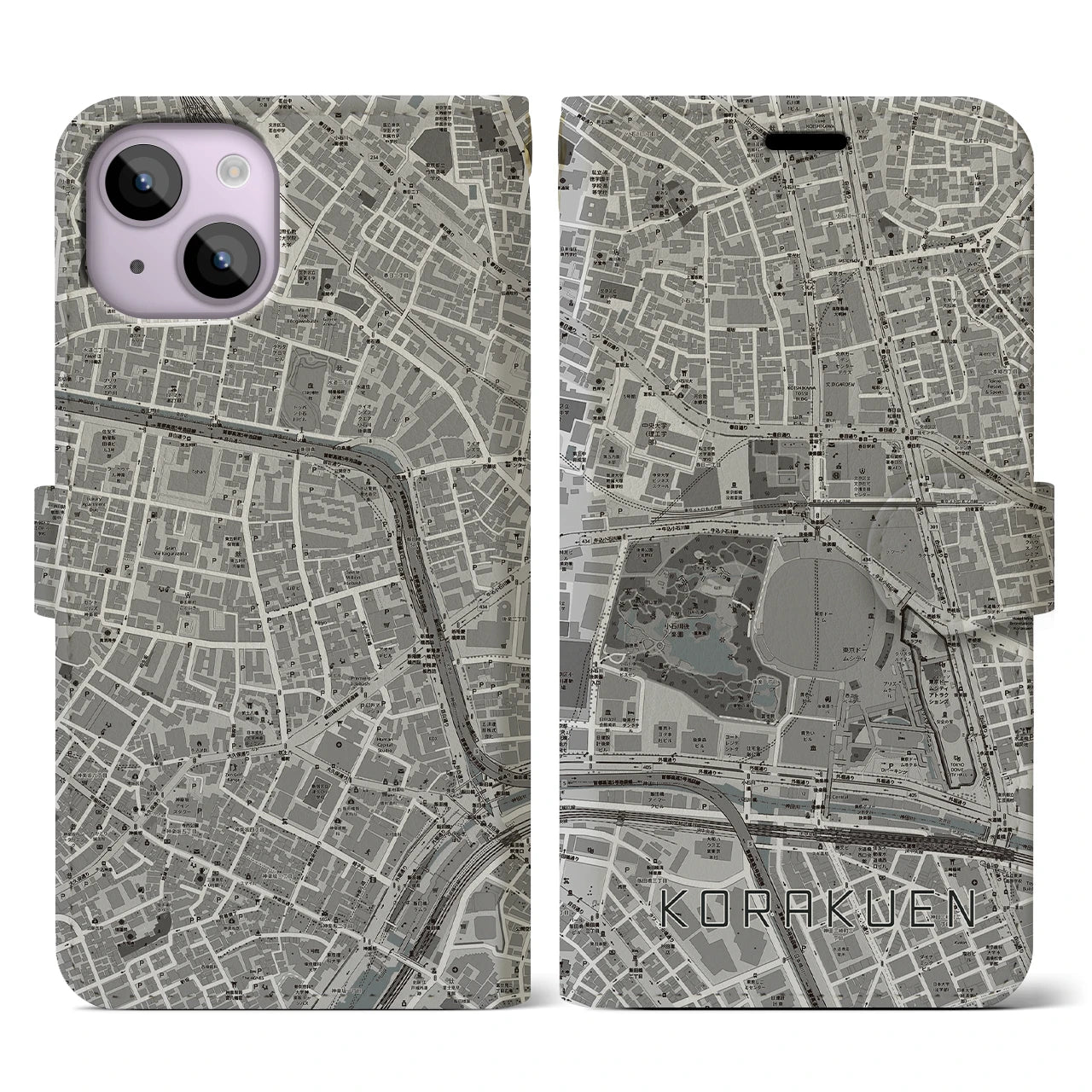 【後楽園(東京都)】地図柄iPhoneケース(手帳タイプ)モノトーン・iPhone 14 用