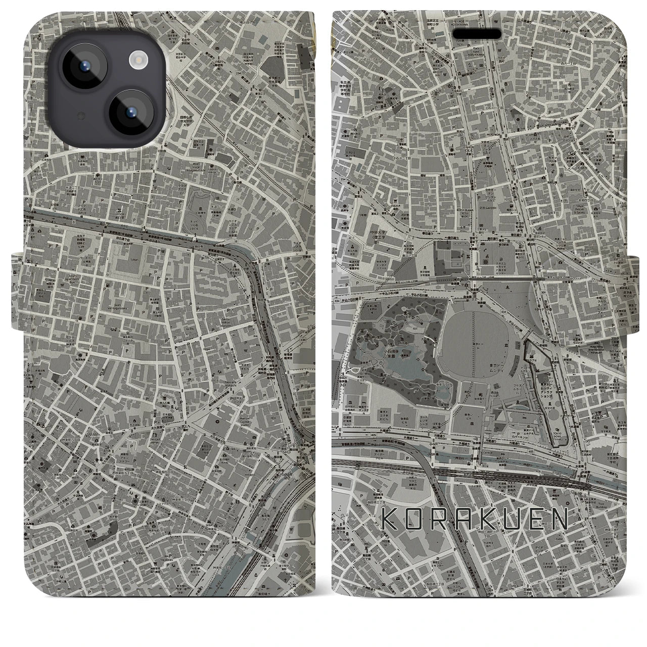 【後楽園(東京都)】地図柄iPhoneケース(手帳タイプ)モノトーン・iPhone 14 Plus 用