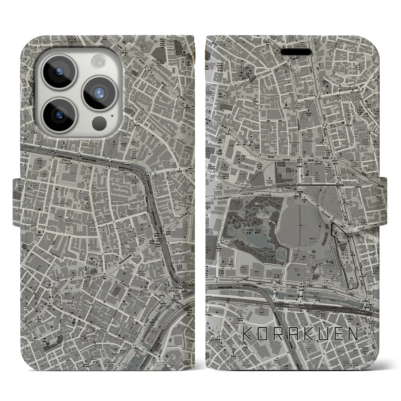 【後楽園(東京都)】地図柄iPhoneケース(手帳タイプ)モノトーン・iPhone 15 Pro 用