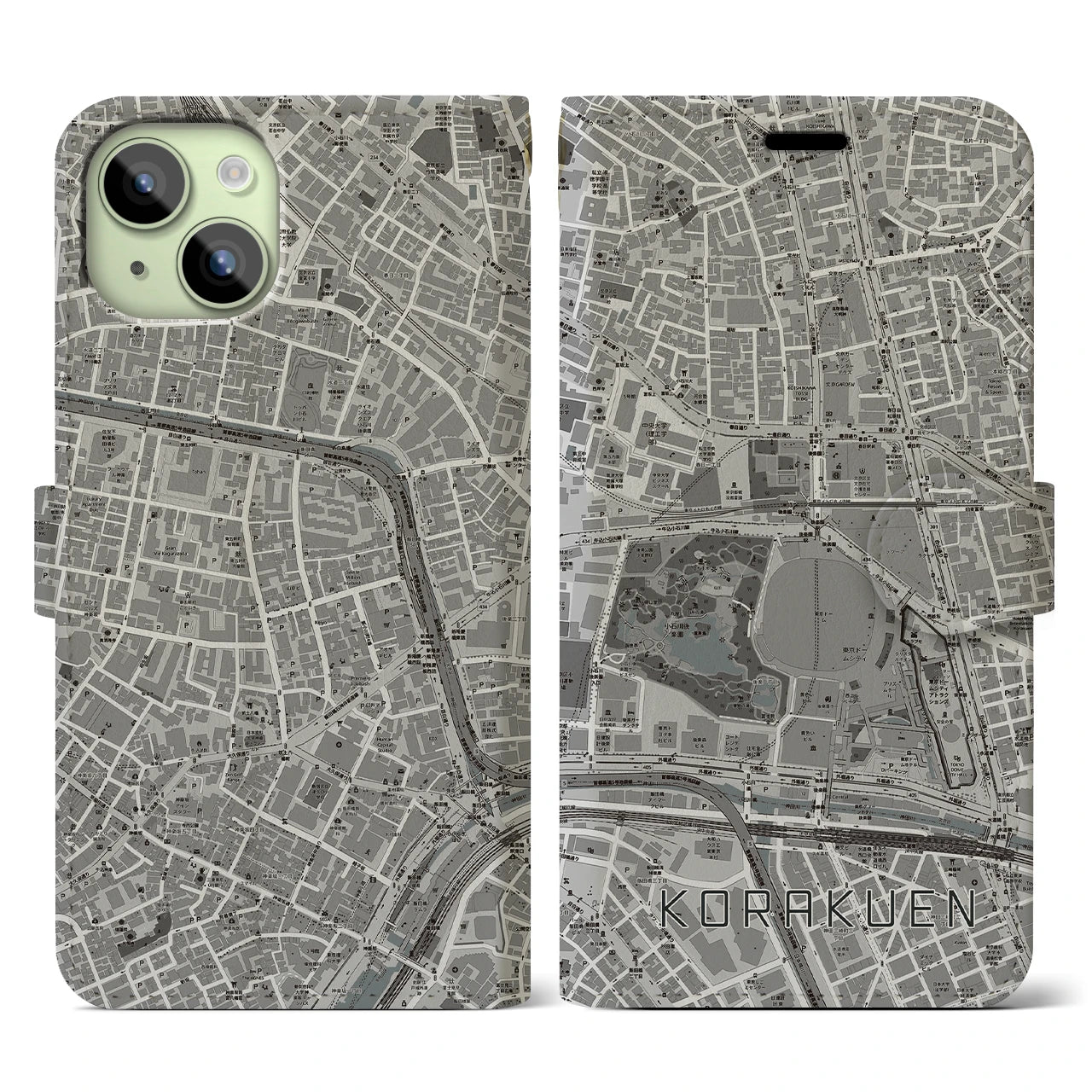 【後楽園(東京都)】地図柄iPhoneケース(手帳タイプ)モノトーン・iPhone 15 用