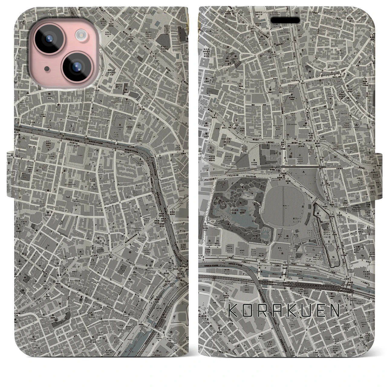 【後楽園(東京都)】地図柄iPhoneケース(手帳タイプ)モノトーン・iPhone 15 Plus 用