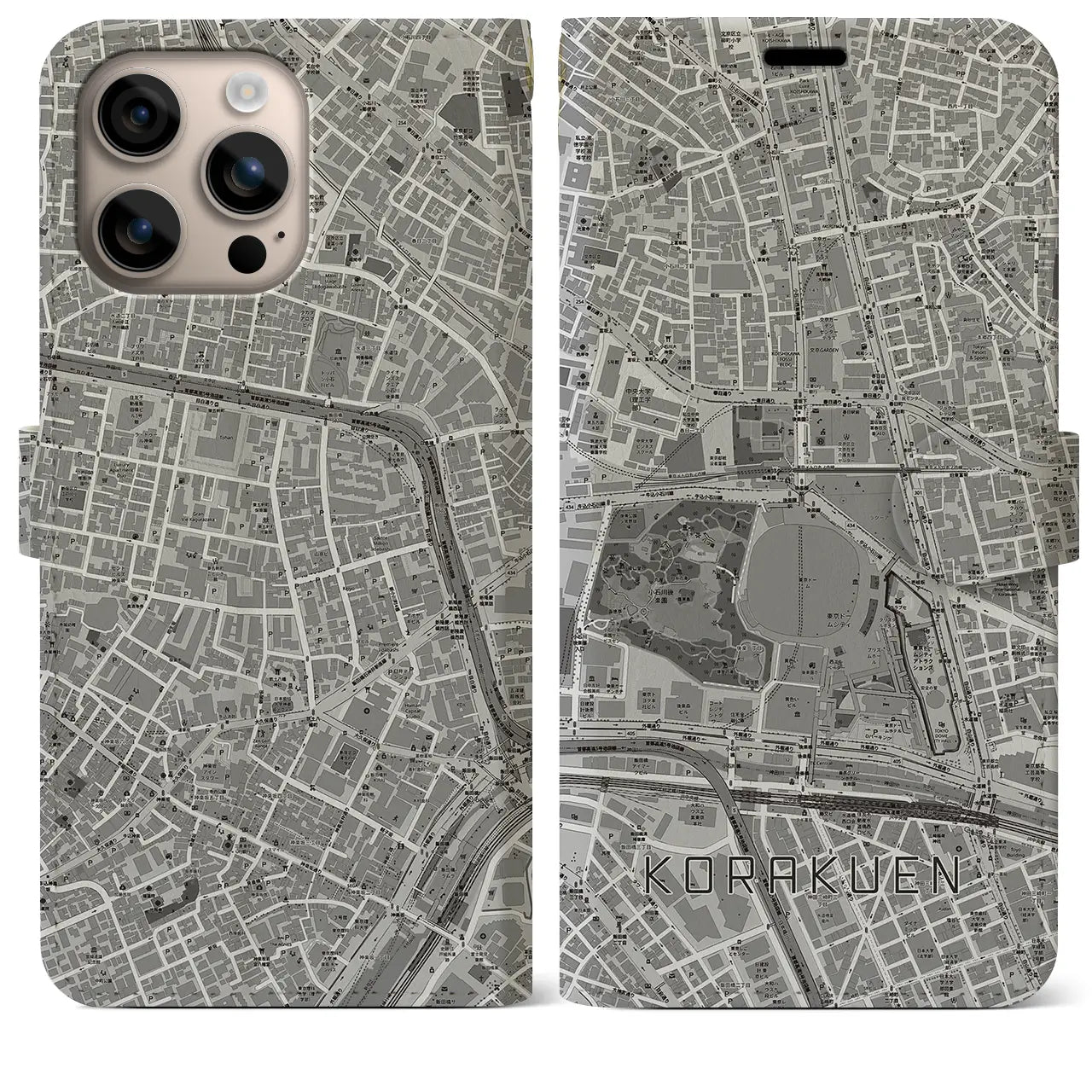 【後楽園(東京都)】地図柄iPhoneケース(手帳タイプ)モノトーン・iPhone 16 Plus 用