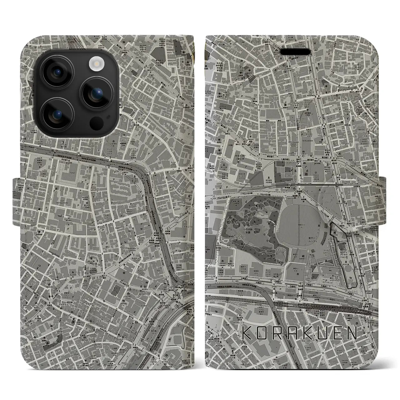 【後楽園(東京都)】地図柄iPhoneケース(手帳タイプ)モノトーン・iPhone 16 用