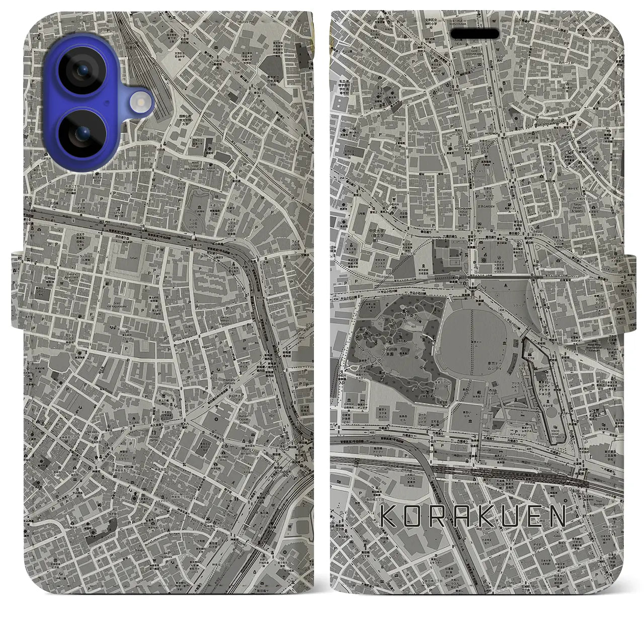 【後楽園(東京都)】地図柄iPhoneケース(手帳タイプ)モノトーン・iPhone 16 Pro Max 用