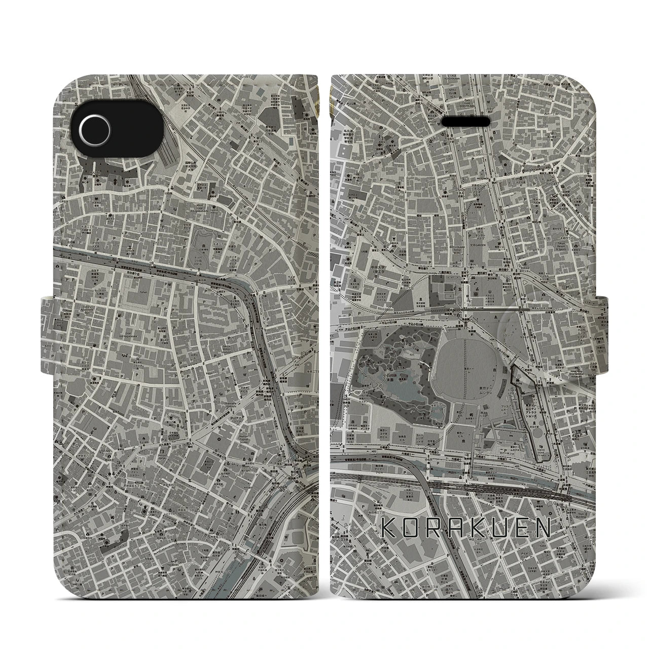 【後楽園(東京都)】地図柄iPhoneケース(手帳タイプ)モノトーン・iPhone SE(第3 / 第2世代) / 8 / 7 / 6s / 6 用