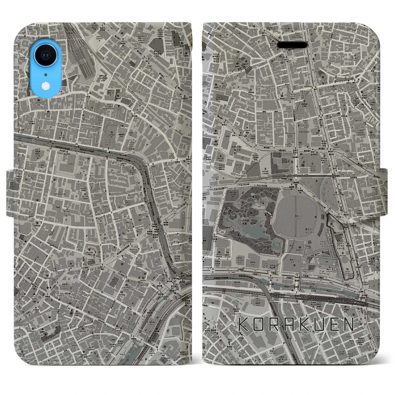 【後楽園(東京都)】地図柄iPhoneケース(手帳タイプ)モノトーン・iPhone XR 用