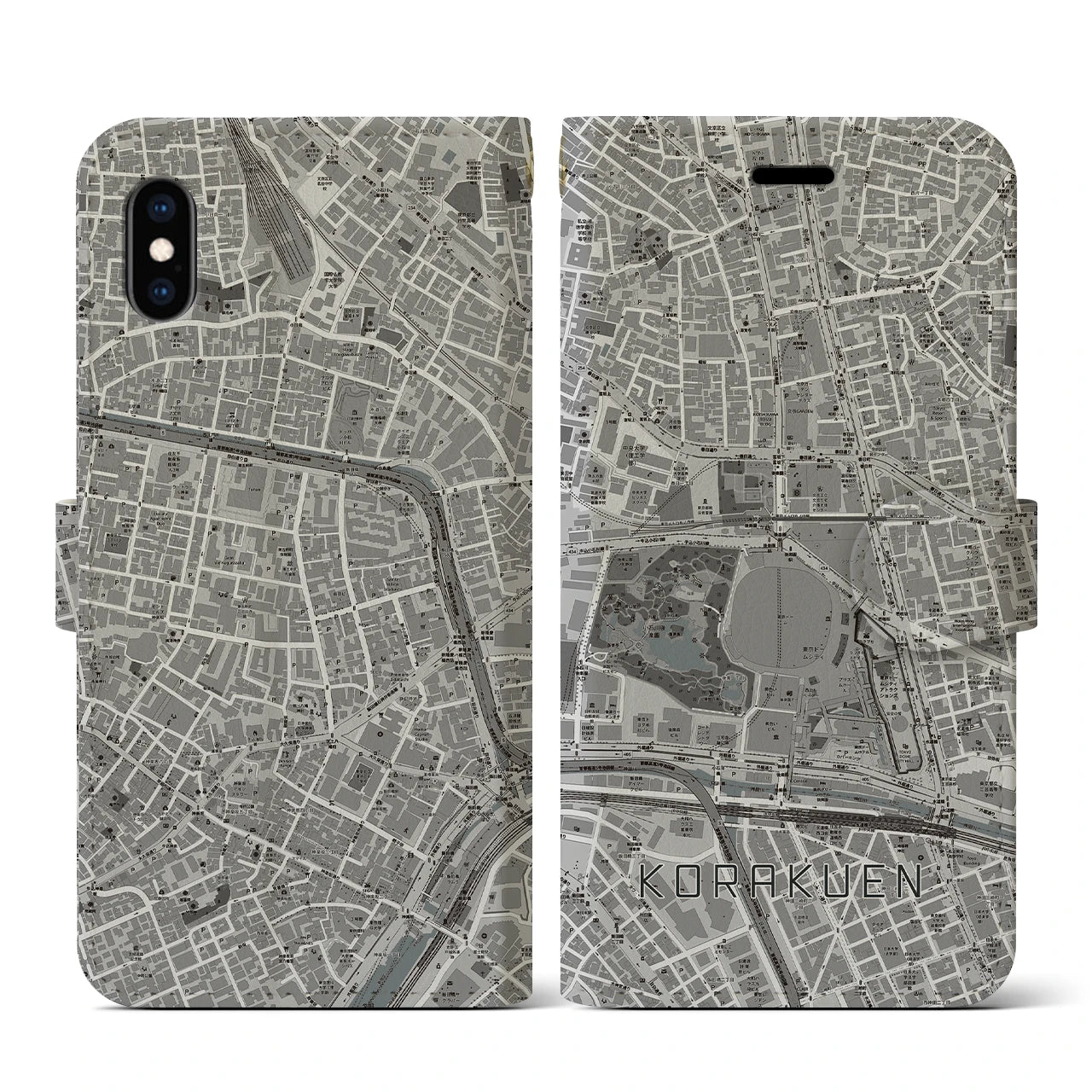 【後楽園(東京都)】地図柄iPhoneケース(手帳タイプ)モノトーン・iPhone XS / X 用