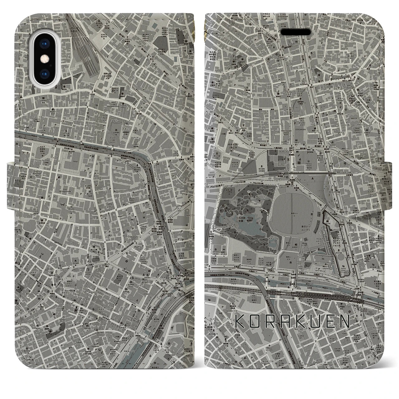 【後楽園(東京都)】地図柄iPhoneケース(手帳タイプ)モノトーン・iPhone XS Max 用