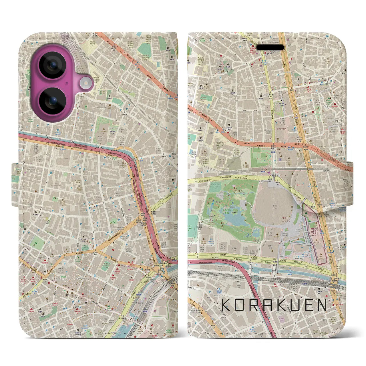 【後楽園(東京都)】地図柄iPhoneケース(手帳タイプ)ナチュラル・iPhone 16 Pro 用