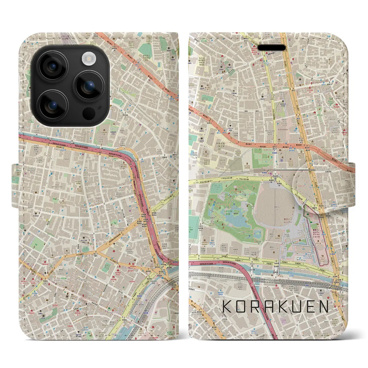 【後楽園(東京都)】地図柄iPhoneケース(手帳タイプ)ナチュラル・iPhone 16 用