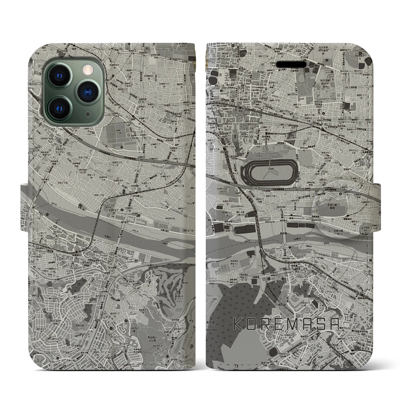 【是政(東京都)】地図柄iPhoneケース(手帳タイプ)モノトーン・iPhone 11 Pro 用