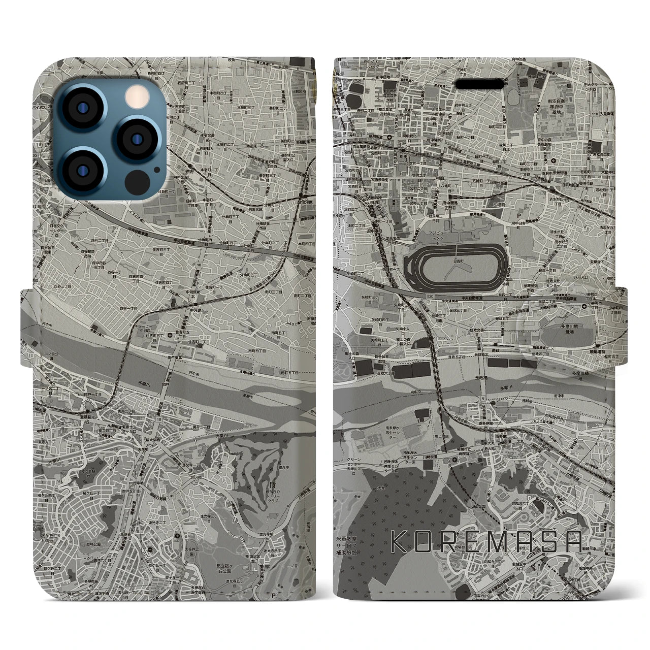 【是政(東京都)】地図柄iPhoneケース(手帳タイプ)モノトーン・iPhone 12 / 12 Pro 用