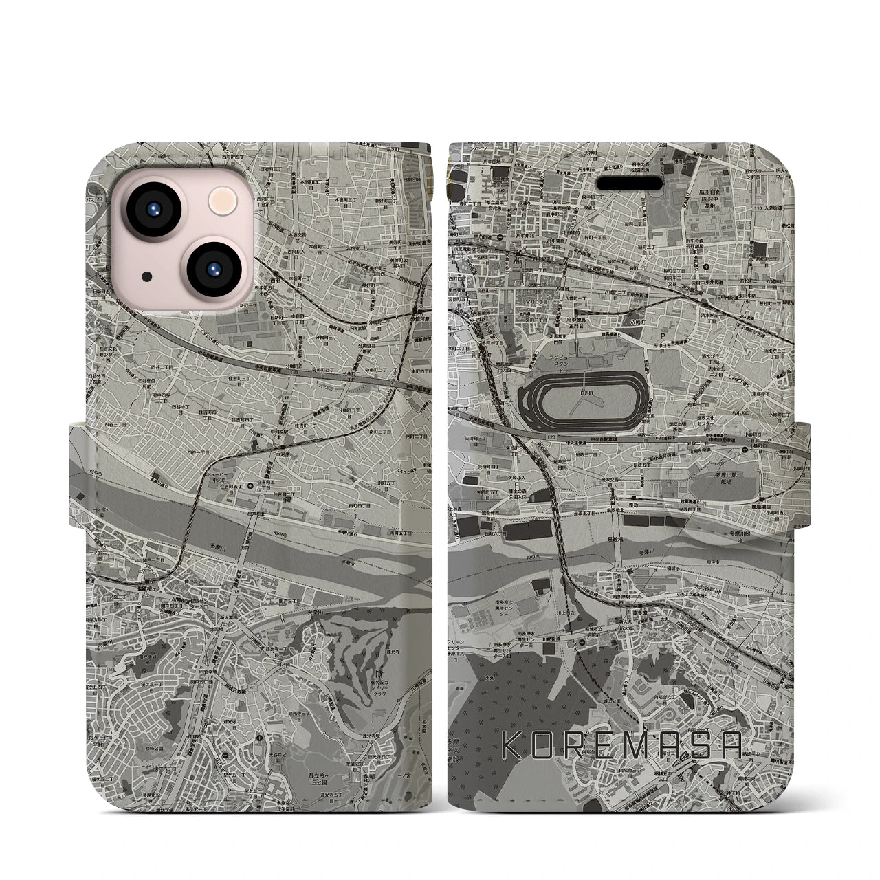 【是政(東京都)】地図柄iPhoneケース(手帳タイプ)モノトーン・iPhone 13 mini 用