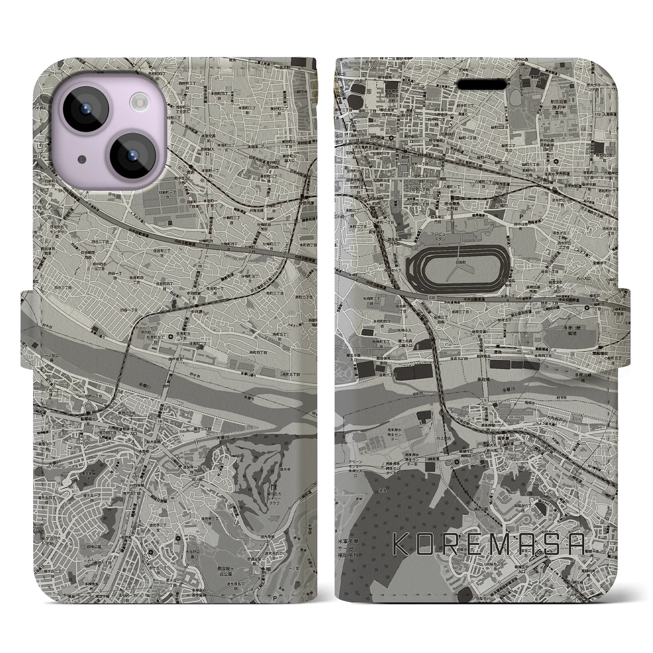 【是政(東京都)】地図柄iPhoneケース(手帳タイプ)モノトーン・iPhone 14 用